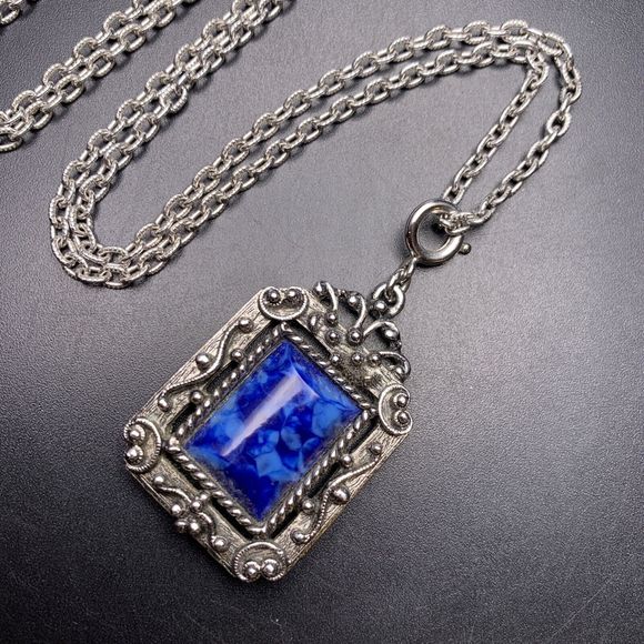 Silver Tone Blue Pendant Necklace Ornate Textured Cross Back Removable Charm - Picture 2 of 6
